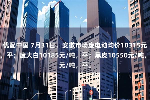 优配中国 7月31日，安徽市场废电动均价10315元/吨，平；废大白10185元/吨，平；黑皮10550元/吨，平。